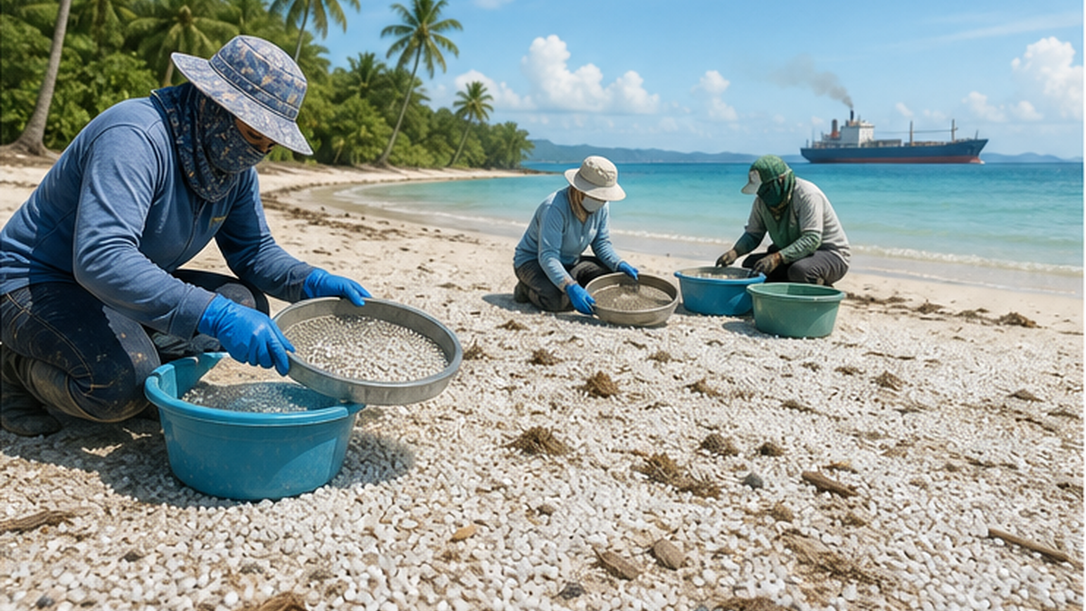 Image of massive quantities of resin pellets washed up on a Sri Lankan beach, with workers in protective suits collecting them