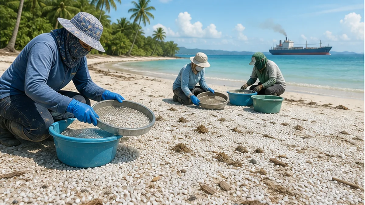 Image of massive quantities of resin pellets washed up on a Sri Lankan beach, with workers in protective suits collecting them