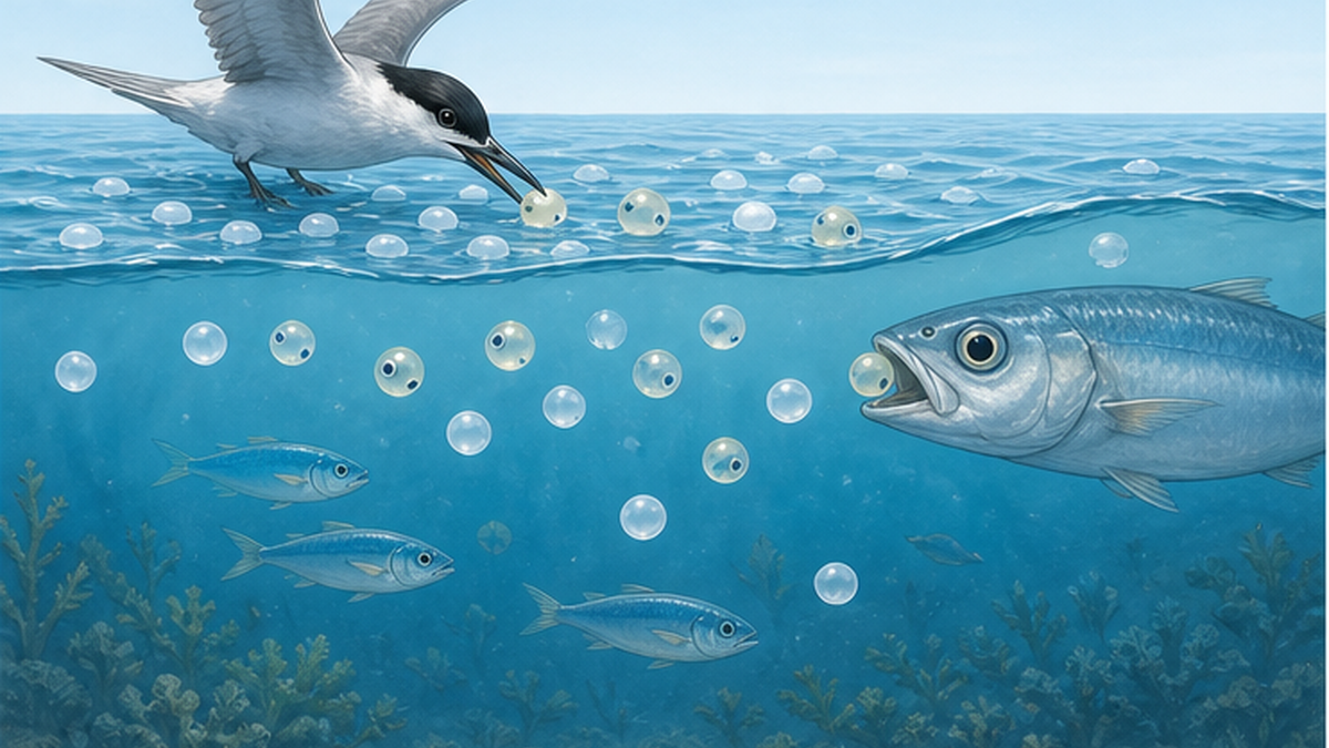 Diagram of seabirds and fish mistaking resin pellets for fish eggs and swallowing them