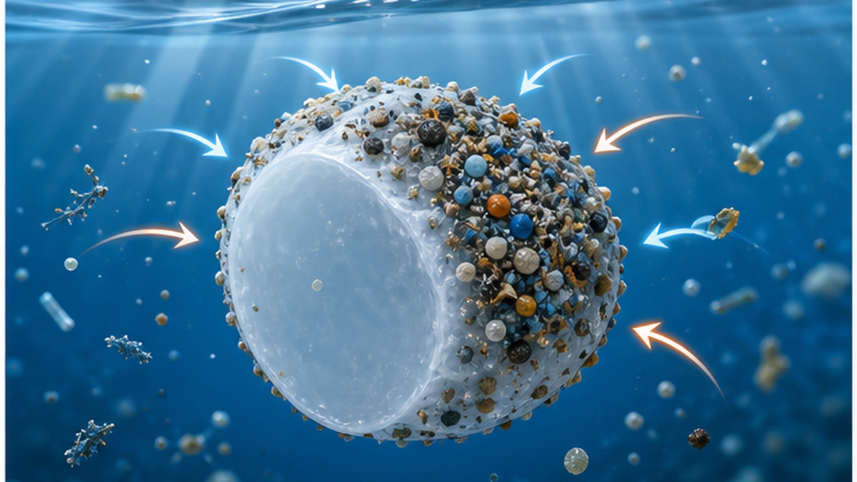 Diagram of how a resin pellet adsorbs and concentrates toxic chemicals from seawater on its surface