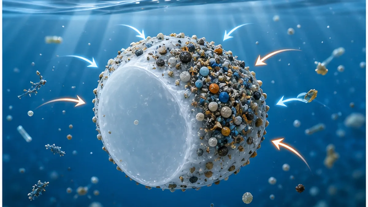 Diagram of how a resin pellet adsorbs and concentrates toxic chemicals from seawater on its surface