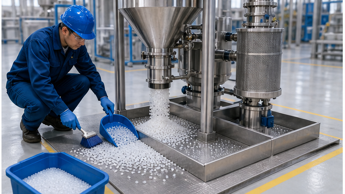 Image of a worker carrying out pellet-loss prevention measures at a factory