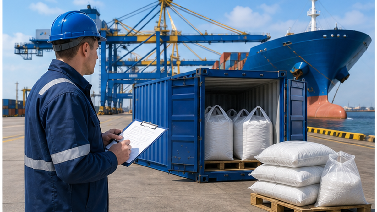 Image symbolising the EU pellet regulation: an inspector checking pellet containers at a port