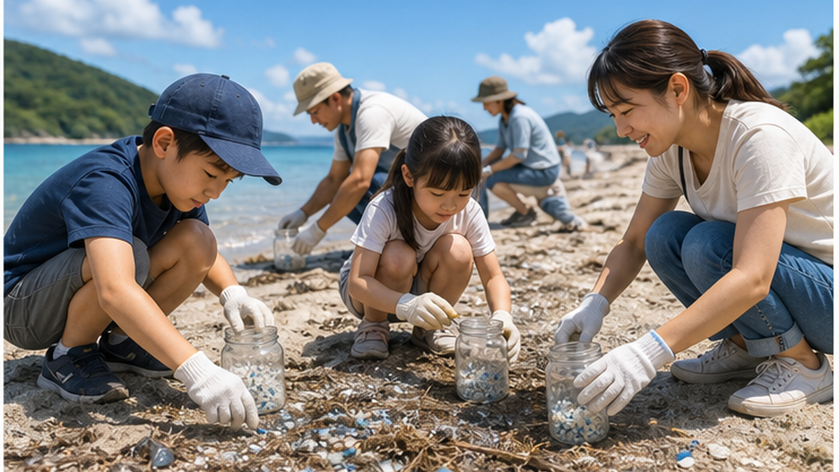 Bright image of families hunting for pellets (a nurdle hunt) on a beach