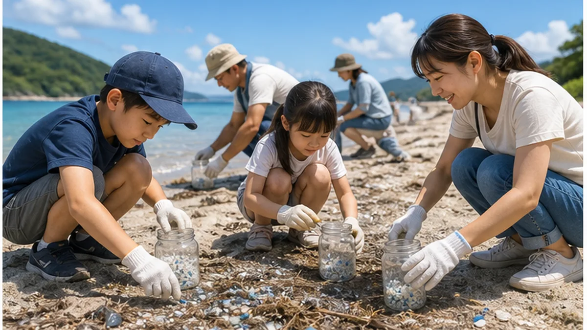 Bright image of families hunting for pellets (a nurdle hunt) on a beach