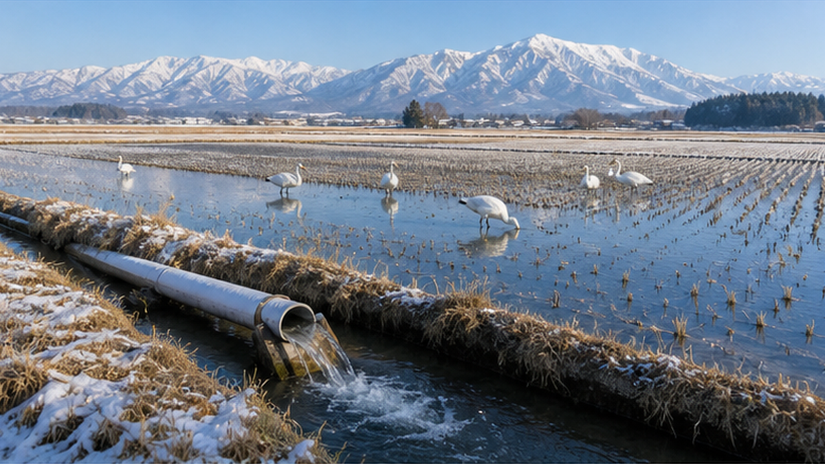 冬期湛水された田んぼに水鳥が集まる冬の風景と、水路から田へ続く簡易な水田魚道のイメージ
