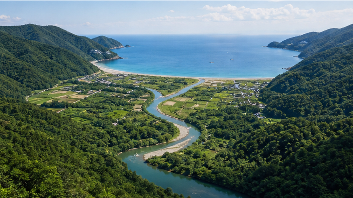 上流の広葉樹の森から川を経て海へと続く、森・川・海のつながりを示す風景