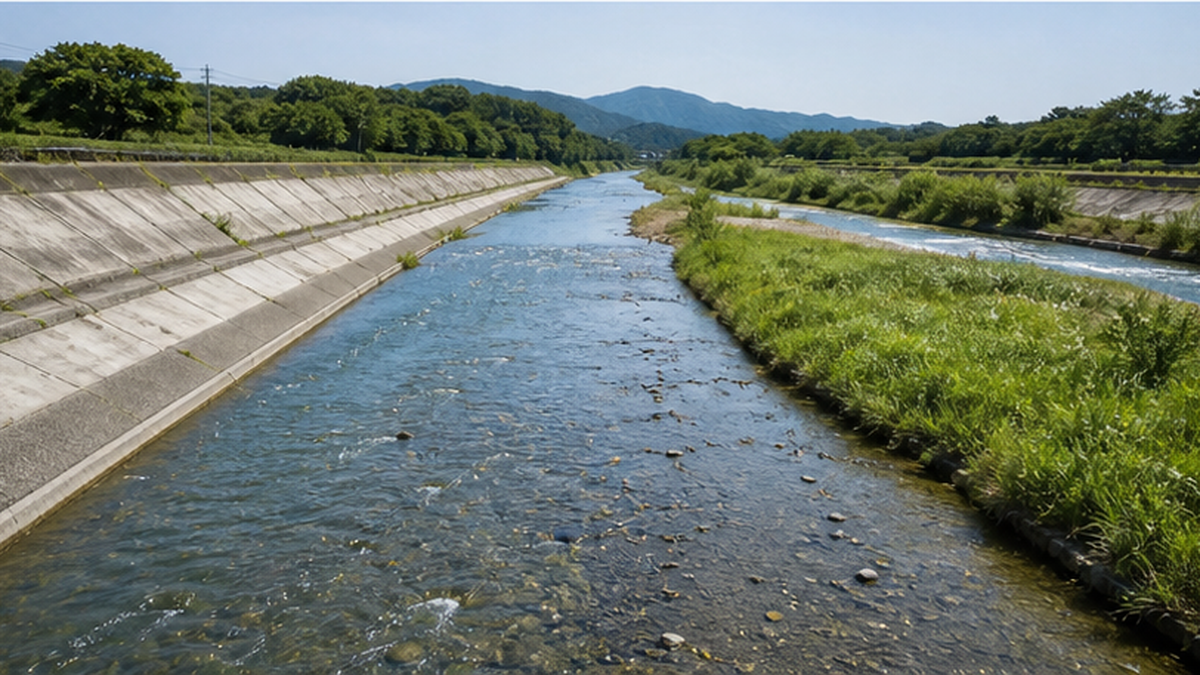 護岸整備で樹林帯が失われた川と、河畔林が残る川の対比
