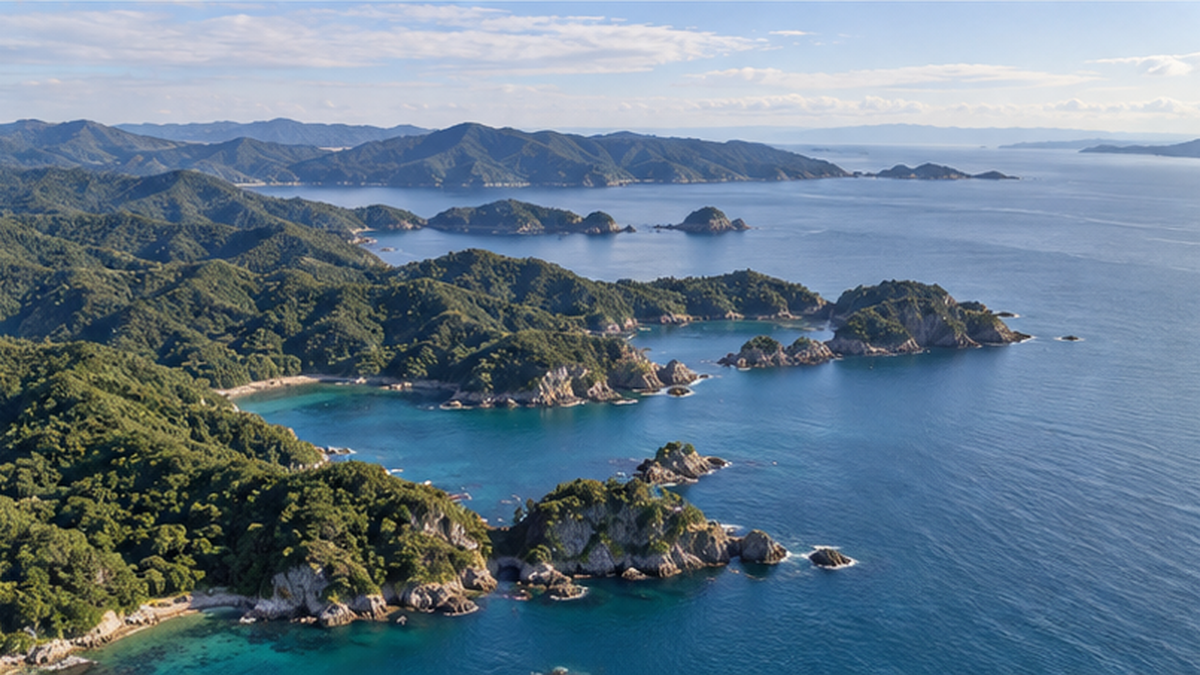 対馬の海岸線と朝鮮半島方向を望む地図的な風景