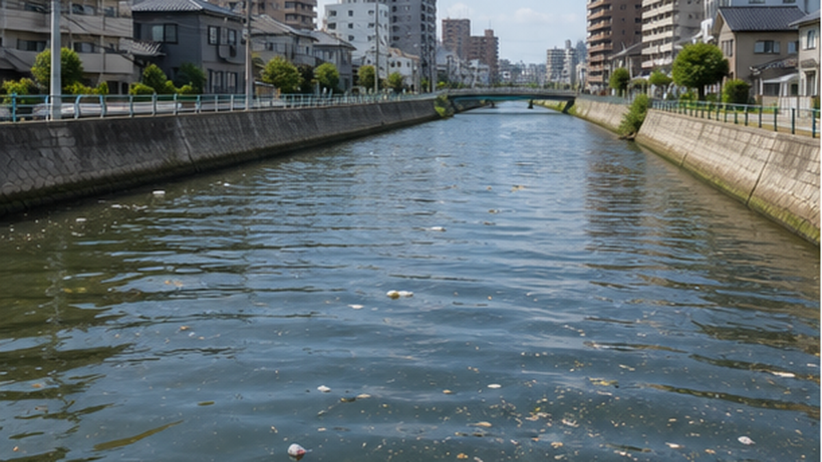 都市部を流れる川と護岸沿いに浮かぶ細かなプラスチック片のイメージ