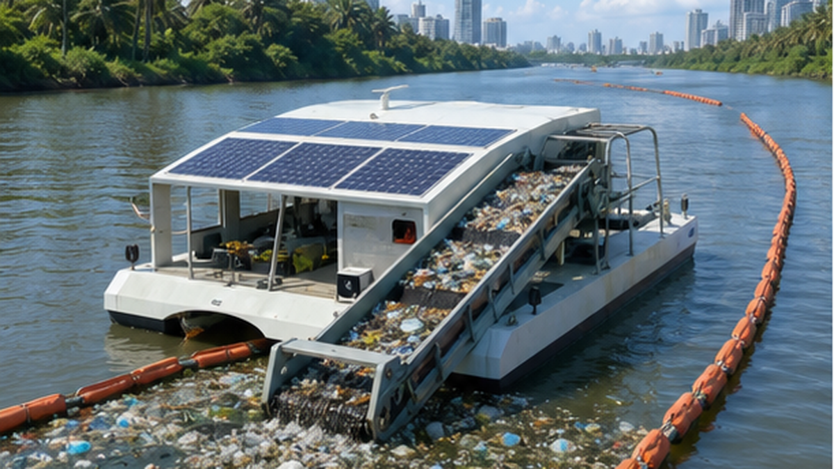 川に設置された太陽光駆動のごみ回収装置がプラスチックごみを集めている様子