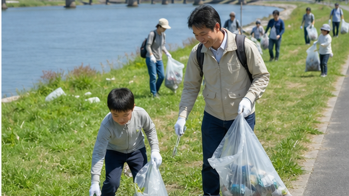 河川敷でボランティアが軍手とごみ袋を持ってプラスチックごみを拾い集めている様子