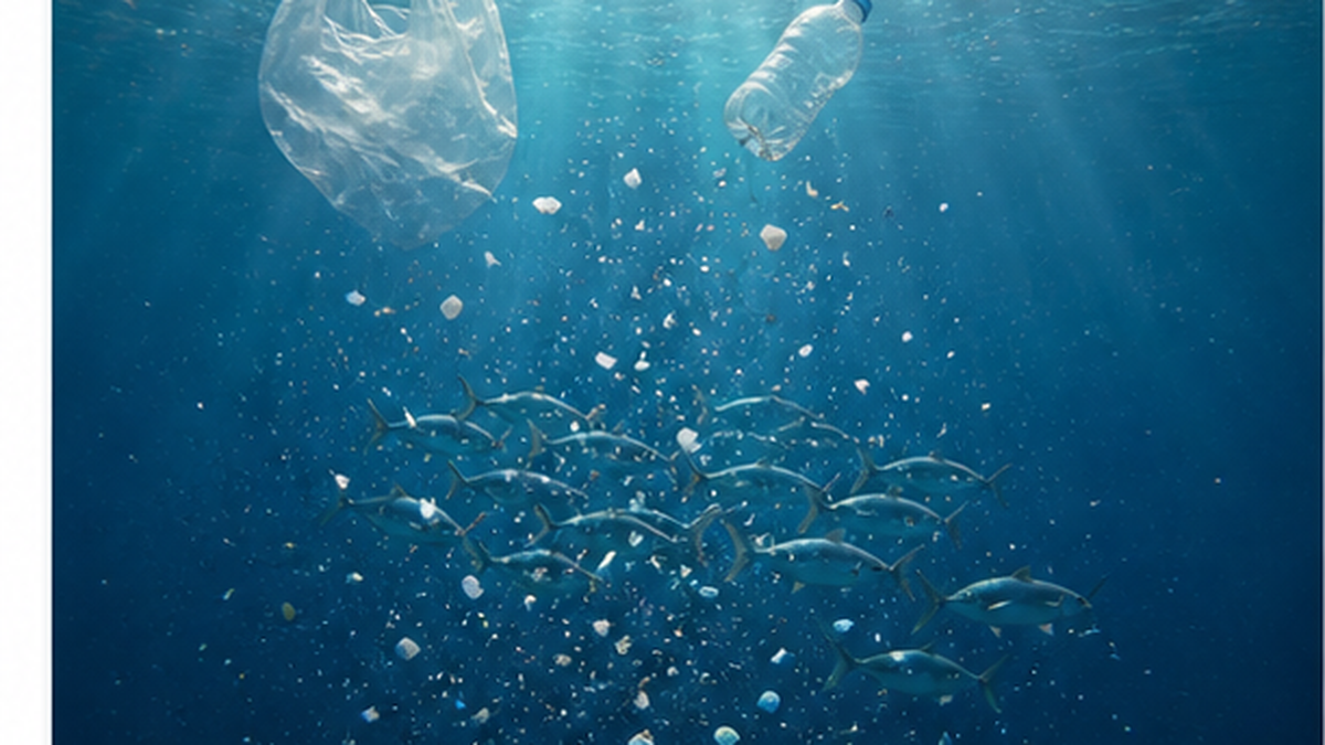 海中でプラスチック片が細かく砕けながら沈んでいき、魚の群れの近くを漂う様子
