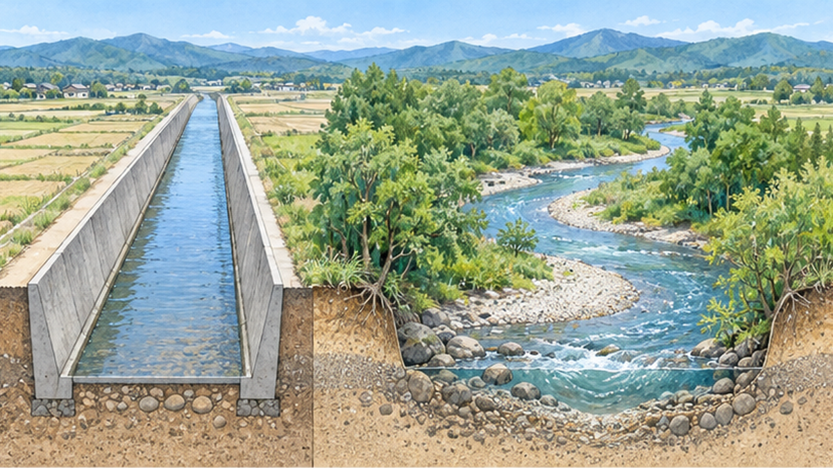 コンクリート三面張りの直線水路と、蛇行して瀬と淵のある自然に近い川を並べて比較した断面イラスト