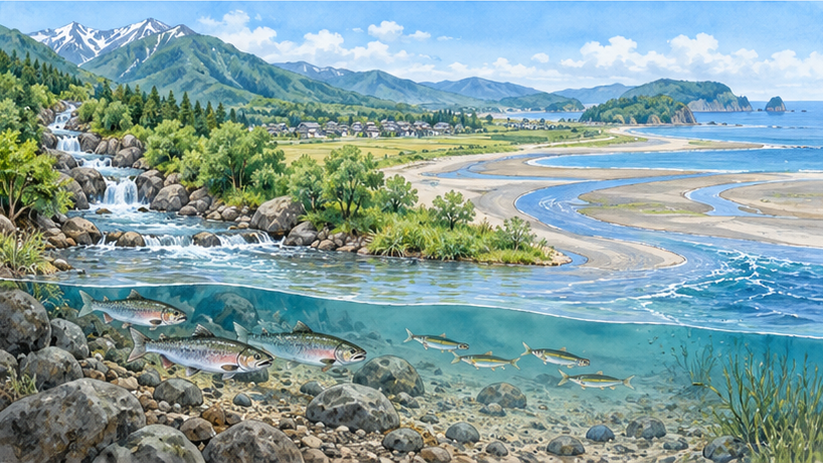 山から川、河口、海へと水・土砂・魚がつながるイメージ図。上流の森、中流の蛇行、河口の干潟と海が一枚に描かれている