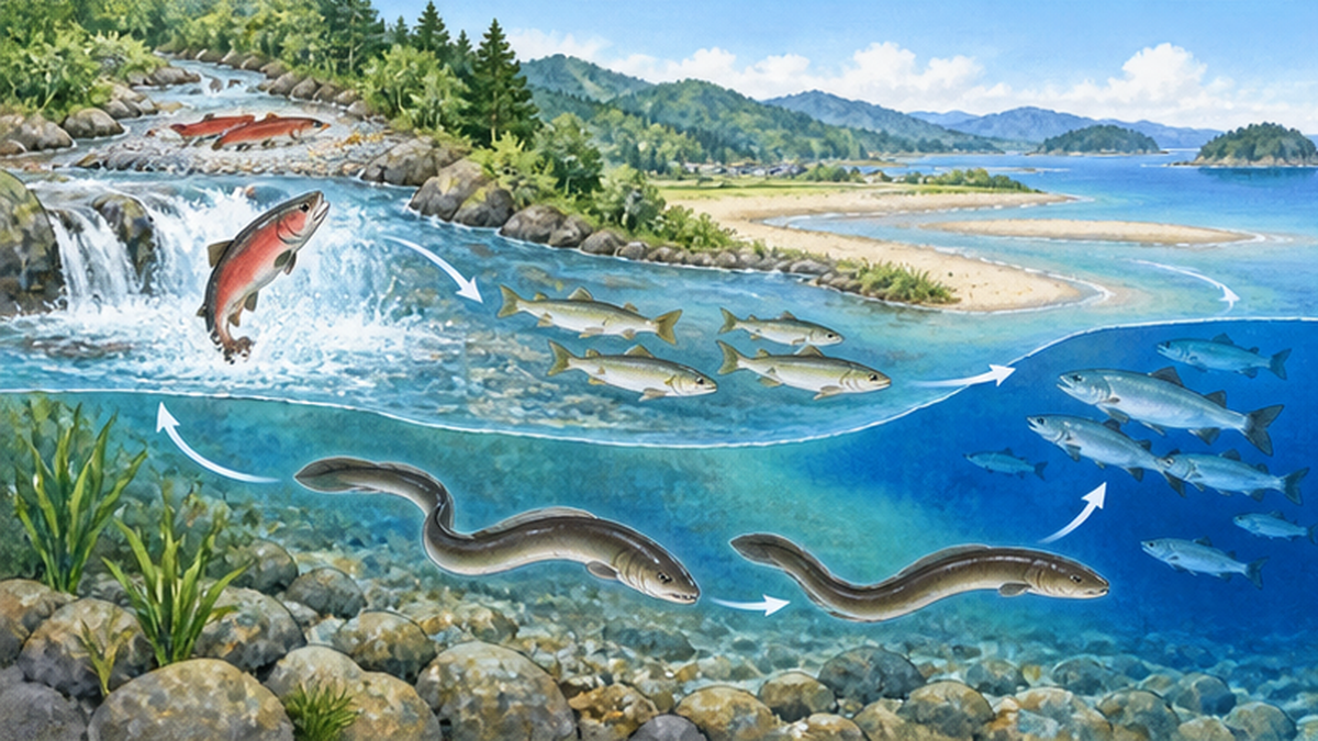 川と海を行き来するサケ・アユ・ウナギの回遊経路