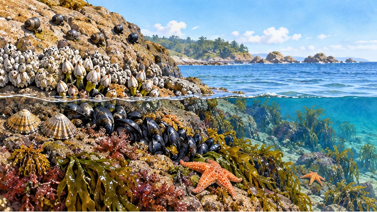 岩礁海岸を断面で見た図。潮上帯から潮下帯まで、高さごとに生き物が帯状に分布する様子