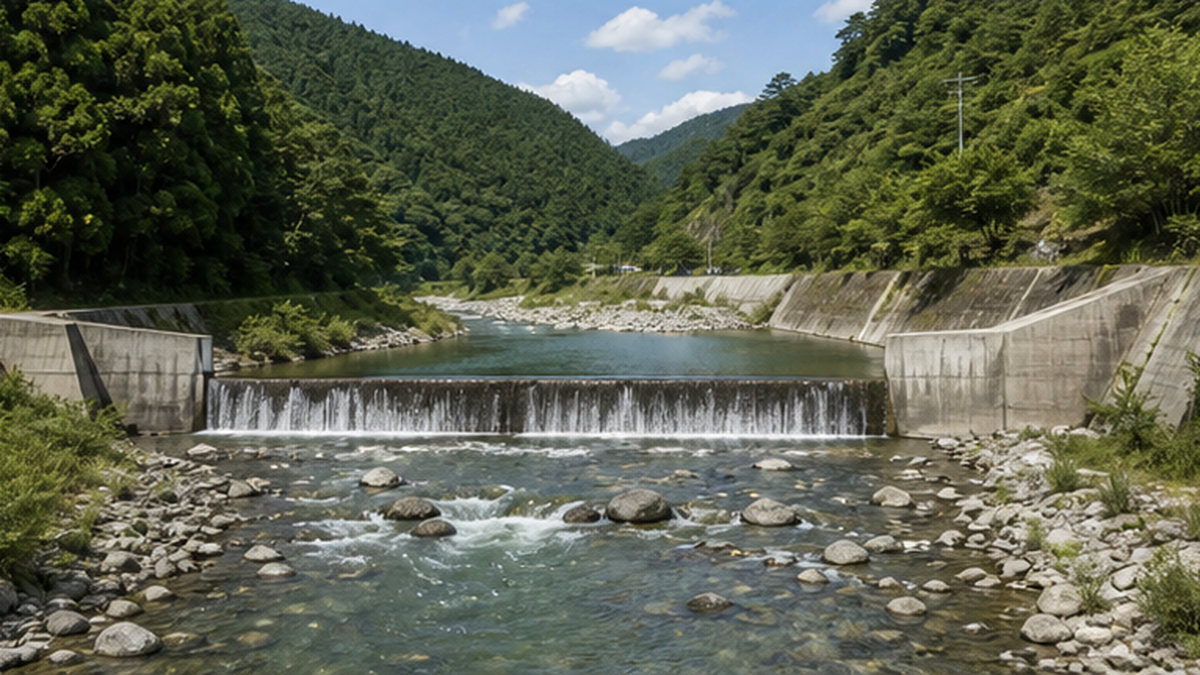 コンクリート護岸と堰堤で分断された渓流の様子