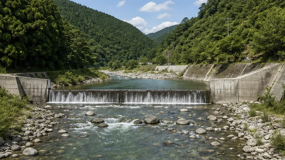 コンクリート護岸と堰堤で分断された渓流の様子