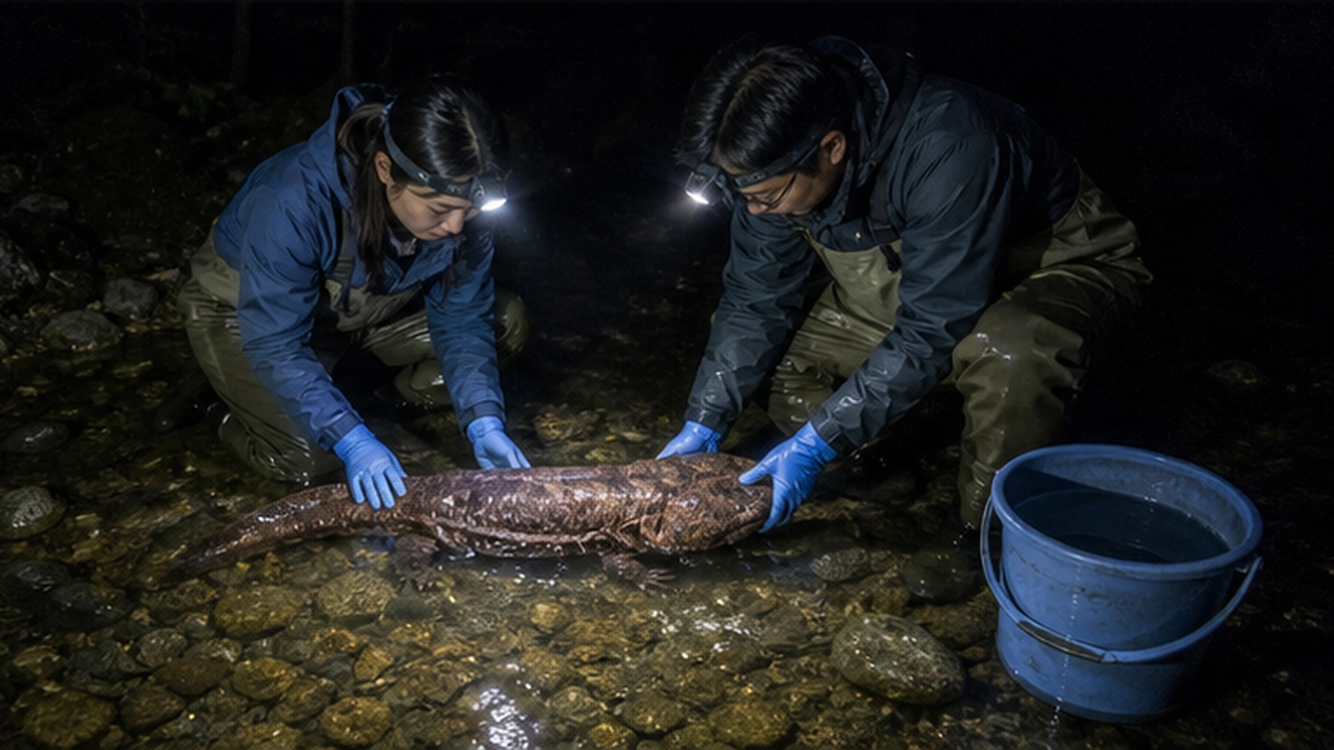 水辺で調査員がオオサンショウウオの個体を確認している様子