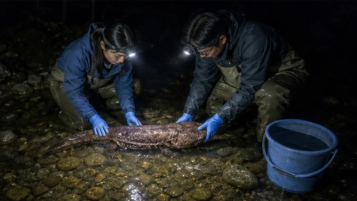 水辺で調査員がオオサンショウウオの個体を確認している様子