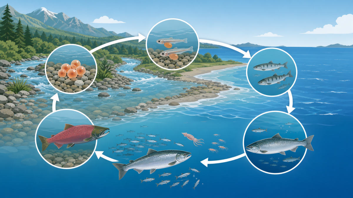 サケの一生を川と海を行き来する矢印で示したフラット図解