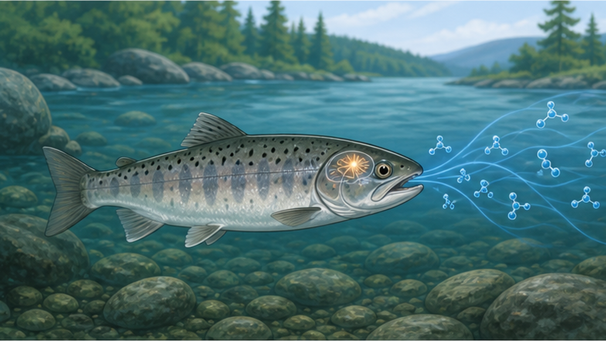 稚魚が川のにおいを記憶する嗅覚刷込を表したフラット図解