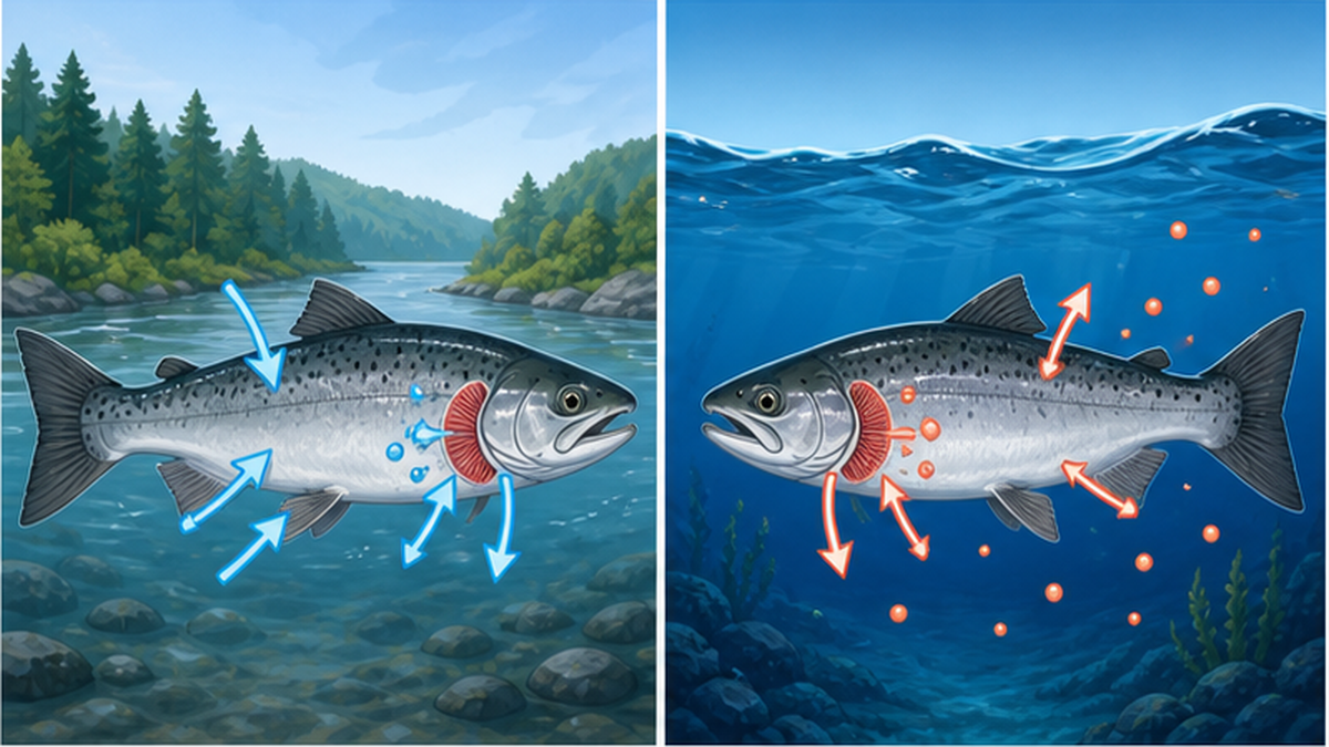 淡水と海水で正反対に働く魚の浸透圧調節を対比したフラット図解