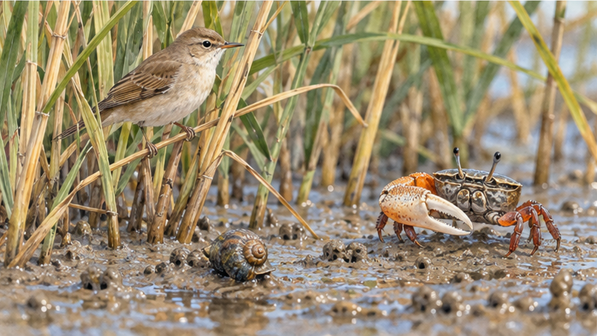 塩性湿地のヨシ原と泥地に暮らす鳥・カニ・貝の生きもの
