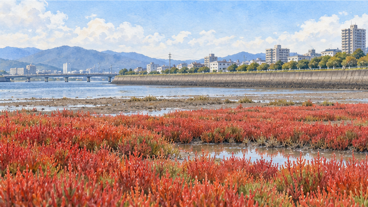 減少した湿地面積を示すイメージと残された塩性湿地の風景