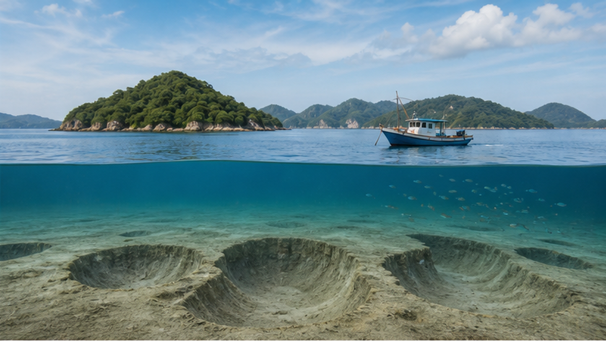 瀬戸内海の島々と海底に残る海砂採取跡の窪地を描いた断面イラスト