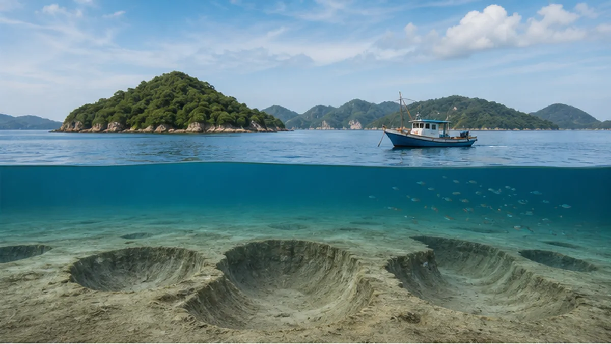 瀬戸内海の島々と海底に残る海砂採取跡の窪地を描いた断面イラスト
