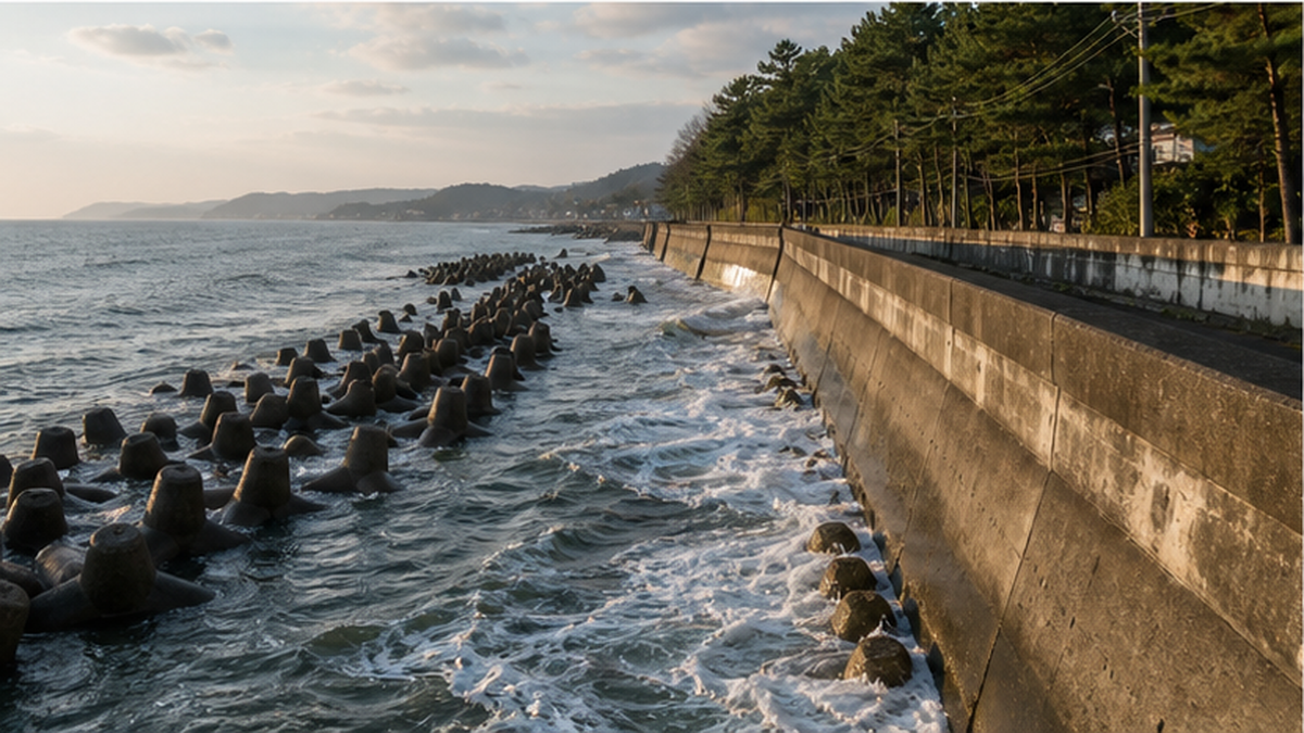 護岸だけが残り砂浜がほとんど消失した日本の海岸と、消波ブロックが並ぶ様子