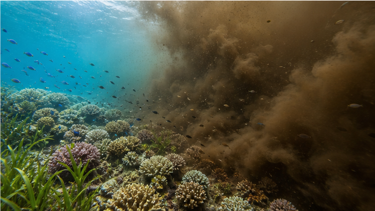 浚渫による濁りが海中に広がり、サンゴと海草藻場が茶色い濁水に覆われつつある様子