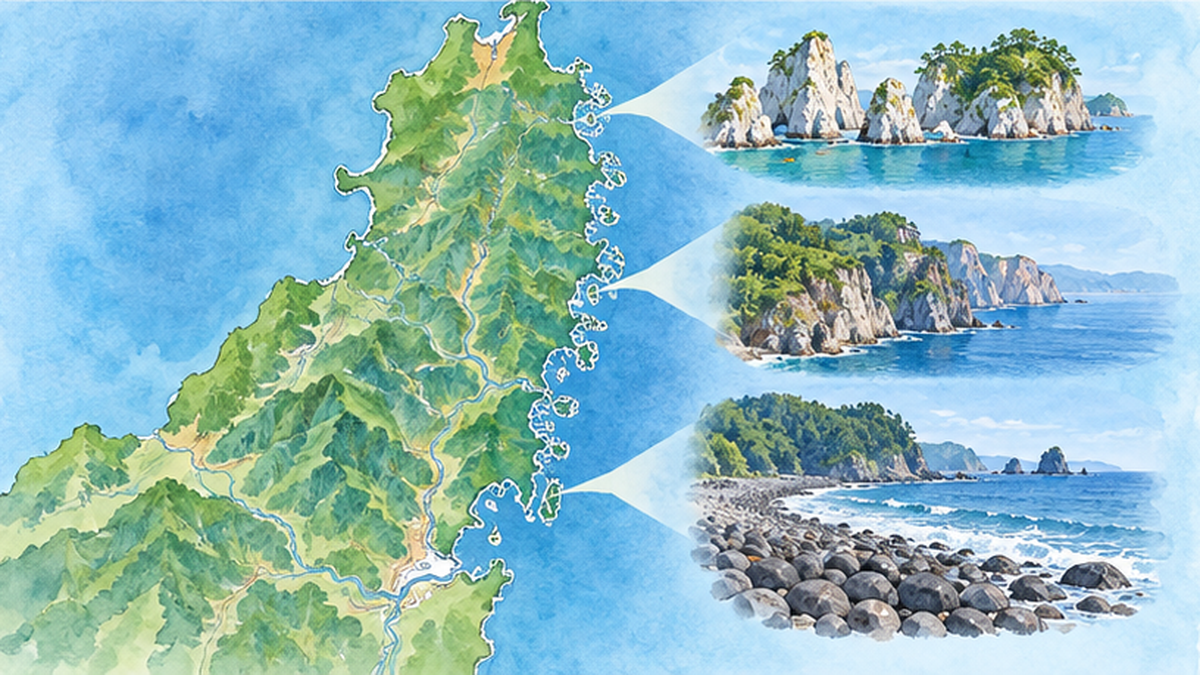 三陸の代表的なジオサイトを海岸線に沿って並べた地図風イラスト
