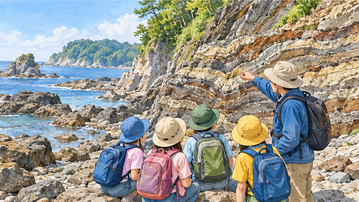 海辺で子どもたちが認定ガイドの説明を聞く学習風景