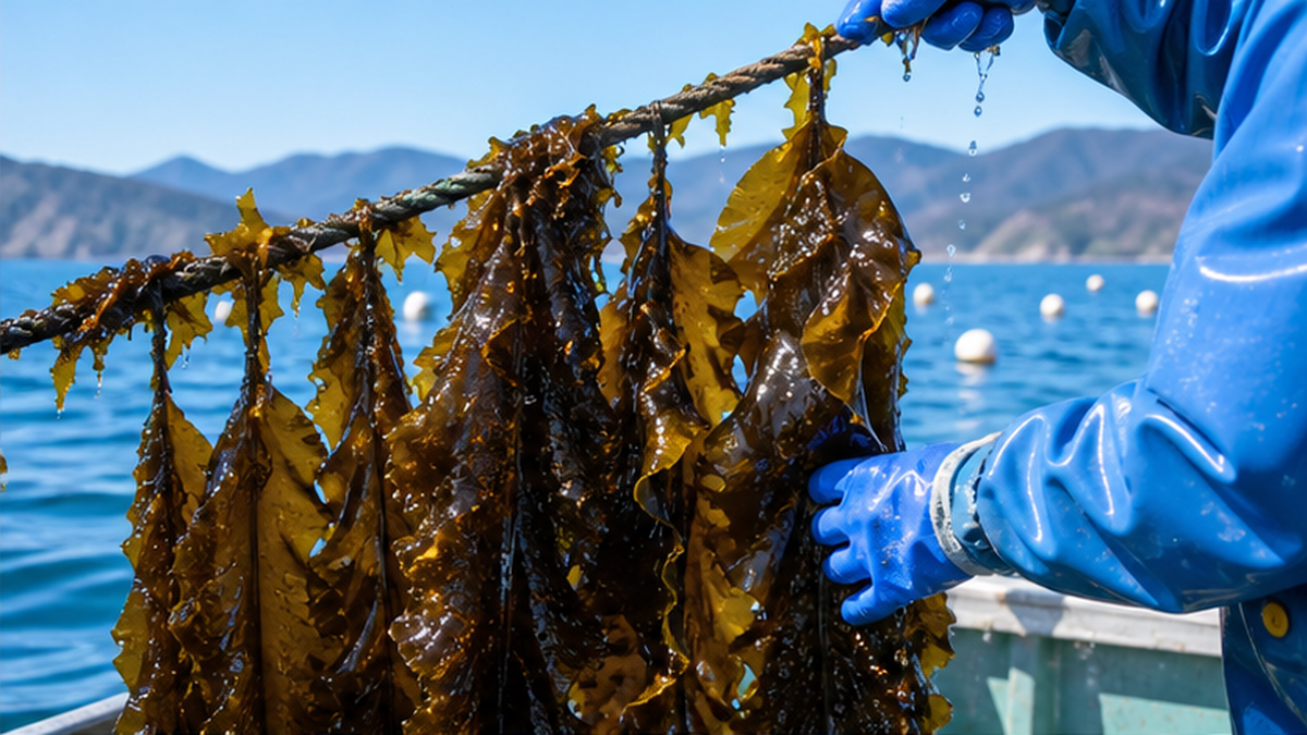 冬の三陸の海で、養殖ロープから引き上げられる肉厚なワカメ