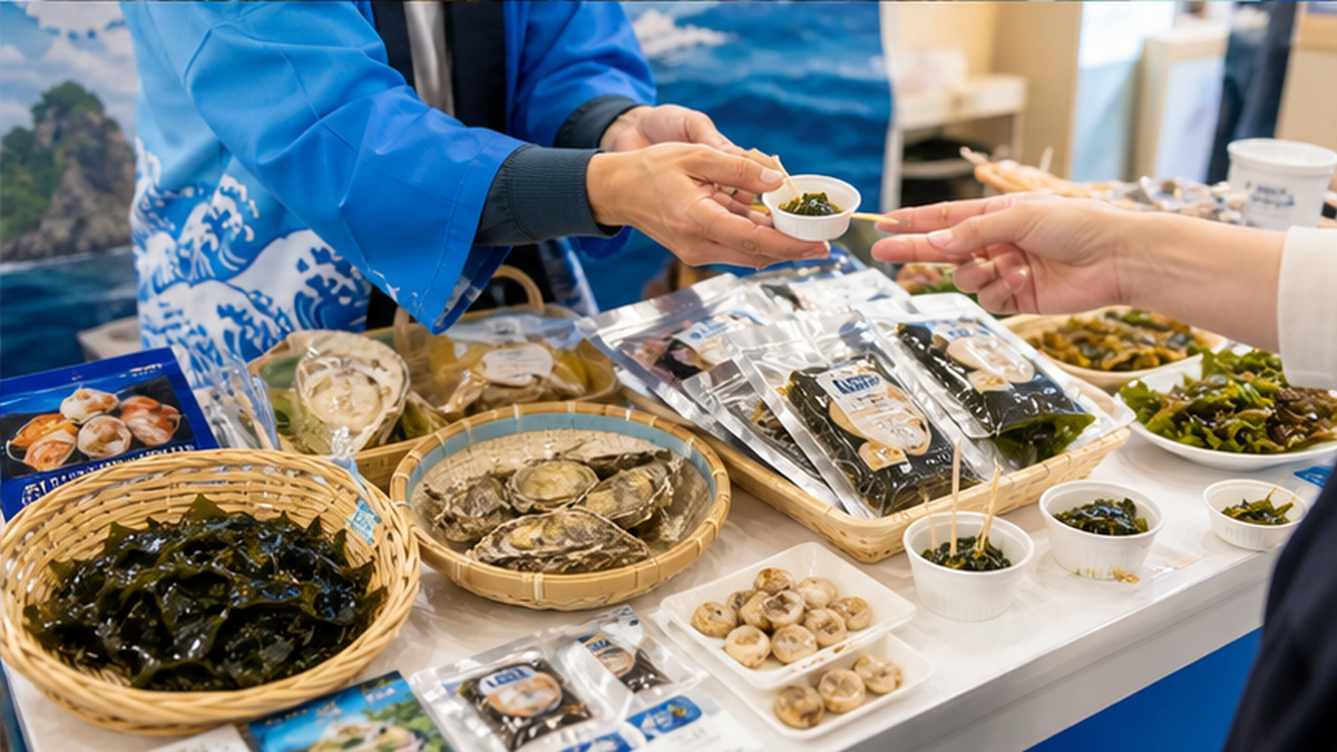 都市部の食品展示会で三陸産の海産物を試食提案する商談ブースのイメージ