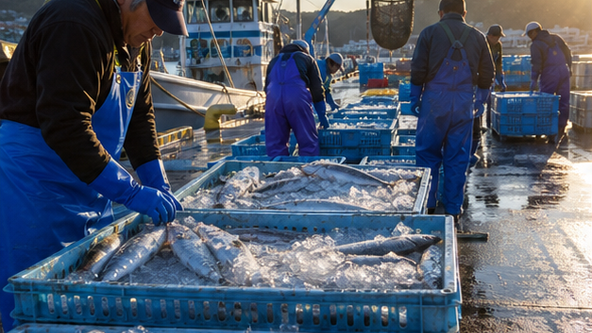 かさ上げ工事を経て再建された三陸の漁港と、水揚げされた魚を仕分ける市場の朝