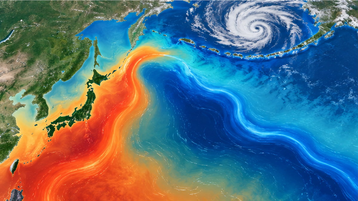 アリューシャン低気圧と黒潮・親潮の海流が交わる北太平洋の様子を示す模式的なイメージ
