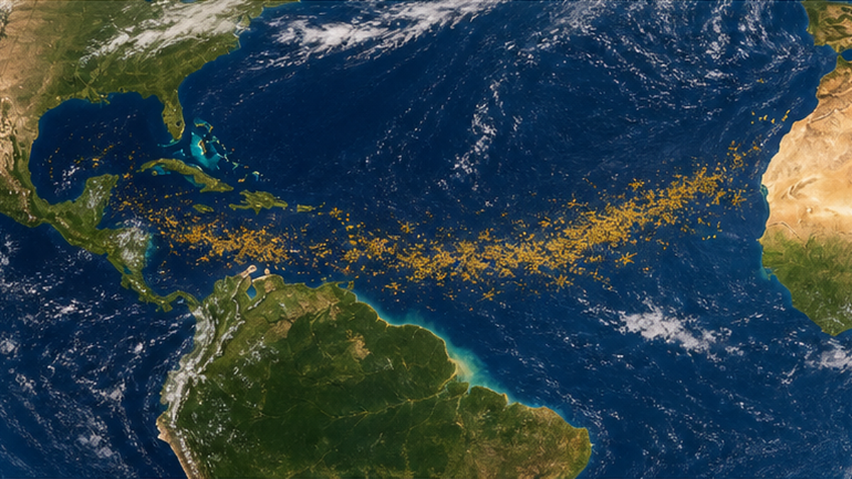 西アフリカからカリブ海まで大西洋を横断するサルガッサムベルトを示した衛星視点の地図イラスト