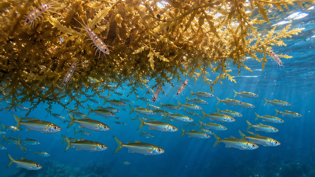 流れ藻の下に群れるブリの稚魚モジャコと、それを支えるホンダワラ類の海中風景