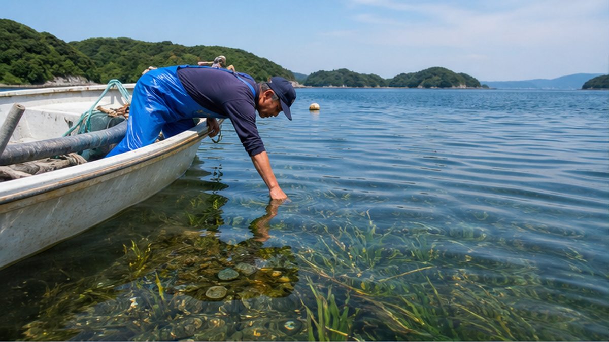 浅い内湾で漁師が海底を耕したり海藻を手入れしたりして海に働きかける様子