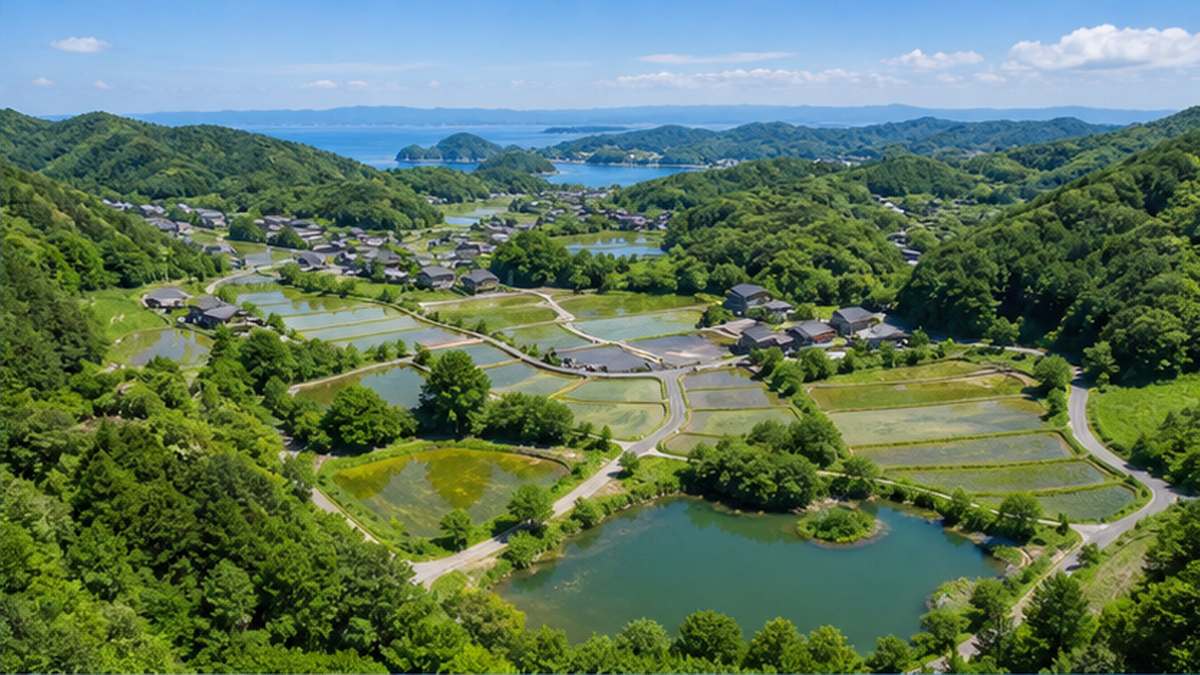 里山の雑木林と棚田、ため池が入り混じったモザイク状の風景を俯瞰した図