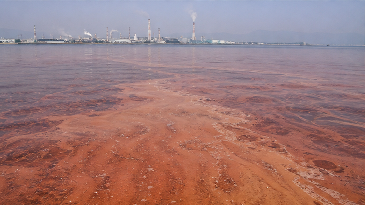 赤潮で赤茶色に濁った内湾の海面と、その先にかすむ工業地帯の煙突