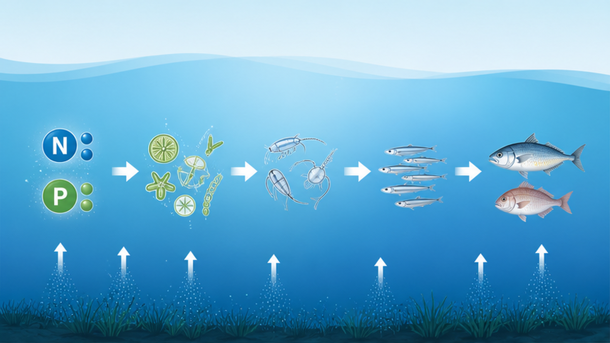 植物プランクトンから動物プランクトン、小魚、大型魚へと栄養が伝わる食物連鎖を示したフラット図解