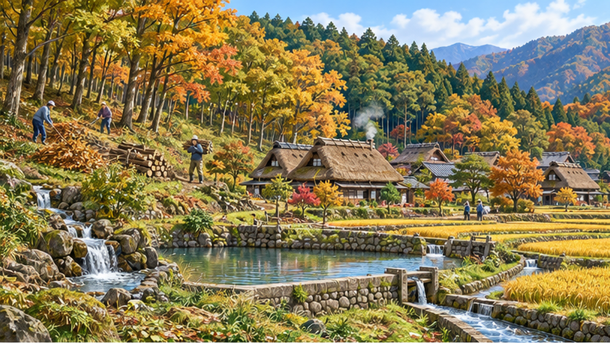 雑木林・田んぼ・ため池・集落がつながる里山の循環の断面イラスト