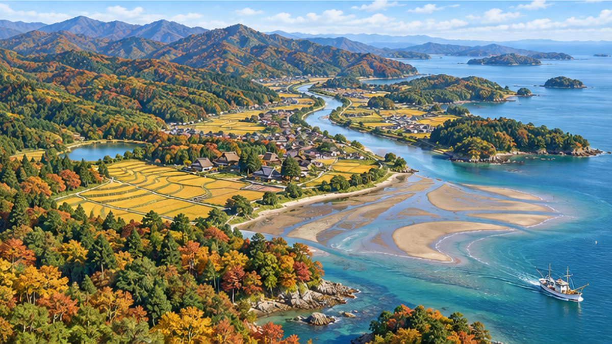 山から川、そして海へと水がつながる里山・里川・里海の俯瞰図