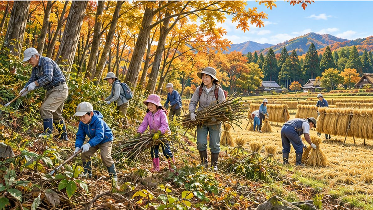 人々が雑木林の下草刈りと田んぼの作業を一緒に行う里山保全の様子