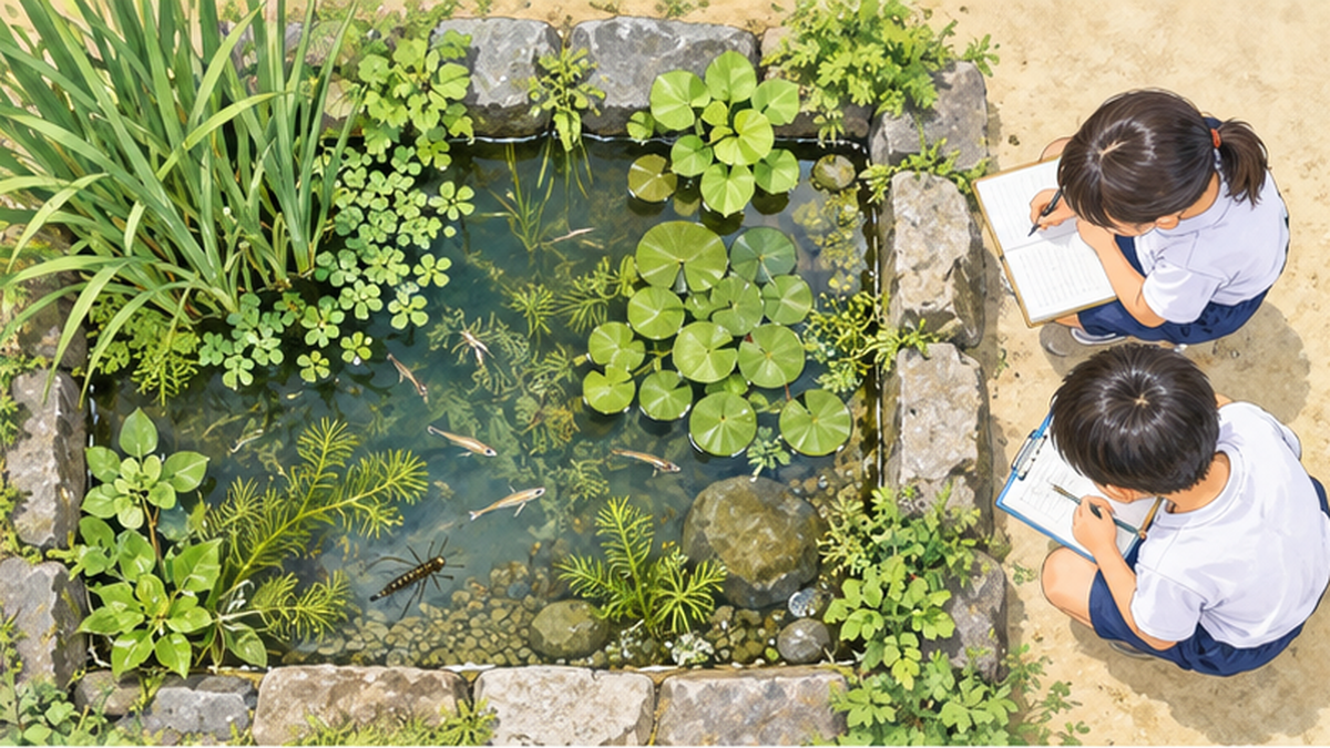 校庭のビオトープ池を上から見た様子。水草や石組み、観察する児童の姿